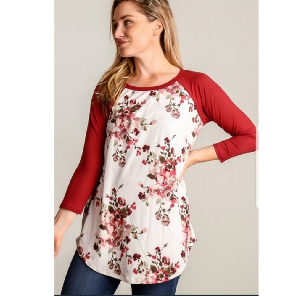 Floral Blouse Raglan Tee Burgundy Fall Relaxed